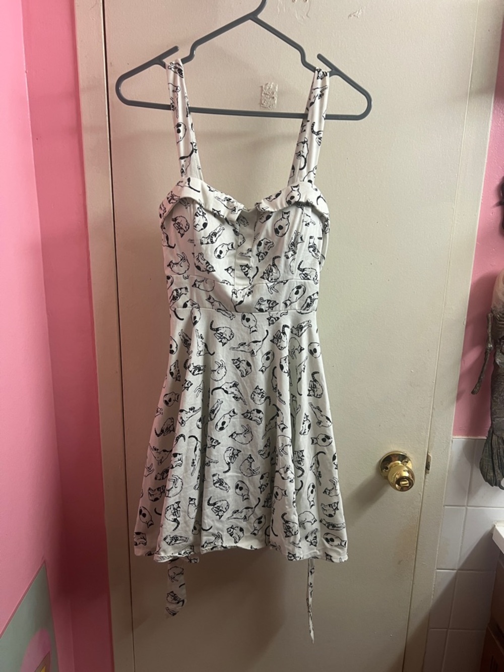 White & Black Cat Print Mini Dress - Casual Sundress